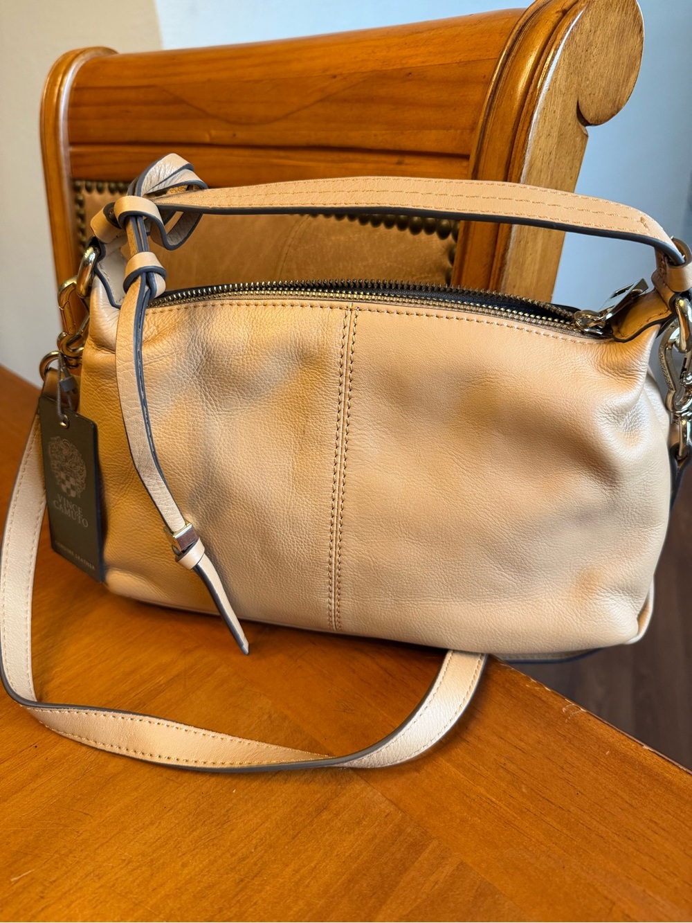 Vince Camuto Cream Pebbled Leather Shoulder Bag with Gold Hardware